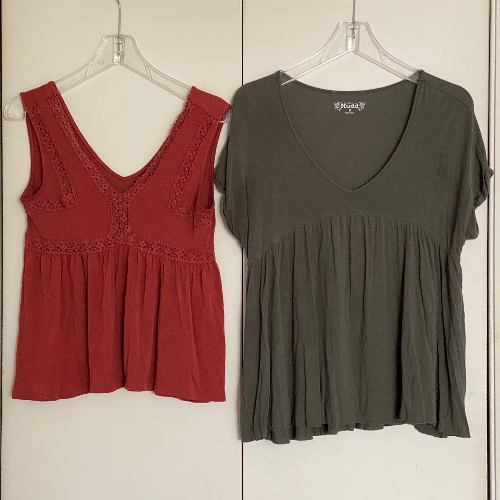 Mudd I Lot of 2 I Rust Crocheted Trim Tank Top I Army Green Loose Fit T-Shirt